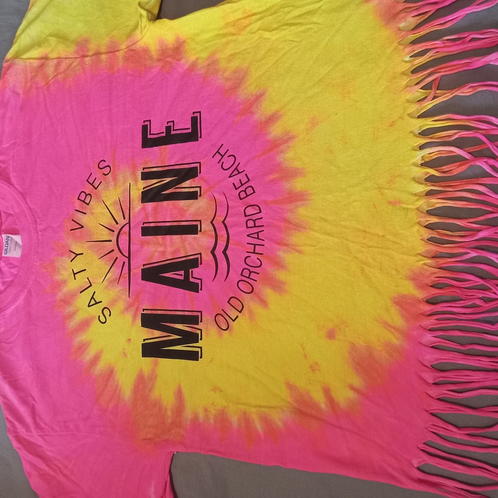 women Tie-Dye Fringe Shirt - Pink and Yellow medium